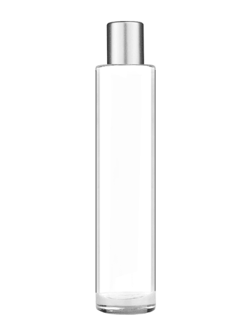 Cylinder design 100 ml, 3 1/2oz  clear glass bottle  with reducer and tall silver matte cap.