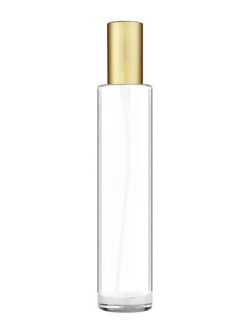 Cylinder design 100 ml, 3 1/2oz  clear glass bottle  with matte gold spray pump.