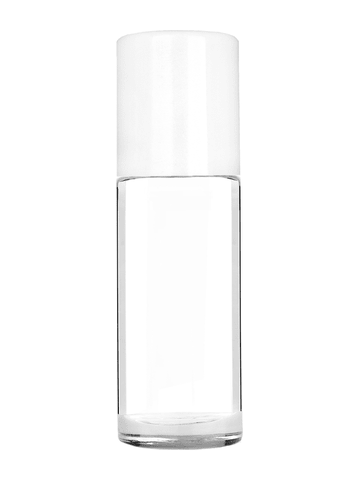 Cylinder style 28 ml bottle with metal roller ball plug and white cap.