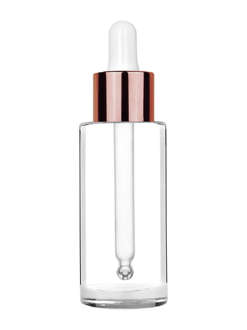 Cylinder design 25 ml 1oz  clear glass bottle  with white dropper with shiny copper collar cap.