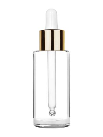 Cylinder design 25 ml 1oz  clear glass bottle  with white dropper with shiny gold collar cap.