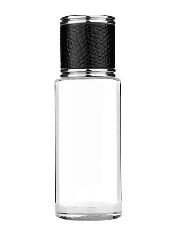 Cylinder design 25 ml 1oz  clear glass bottle  with reducer and black faux leather cap.