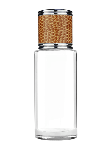Cylinder design 25 ml 1oz  clear glass bottle  with reducer and brown faux leather cap.