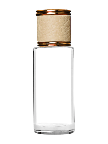 Cylinder design 25 ml 1oz  clear glass bottle  with reducer and ivory faux leather cap.