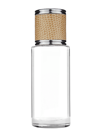Cylinder design 25 ml 1oz  clear glass bottle  with reducer and light brown faux leather cap.