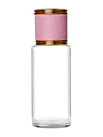 Cylinder design 25 ml 1oz  clear glass bottle  with reducer and pink faux leather cap.