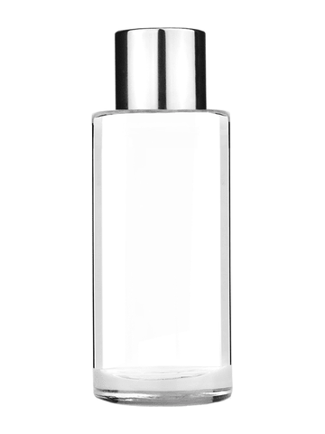 Cylinder design 25 ml 1oz  clear glass bottle  with reducer and shiny silver cap.