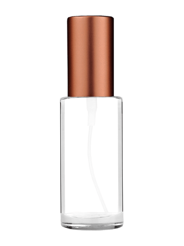 Cylinder design 25 ml 1oz  clear glass bottle  with matte copper spray pump.