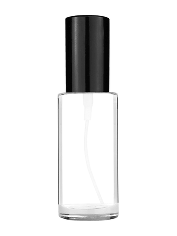 Cylinder design 25 ml 1oz  clear glass bottle  with shiny black spray pump.