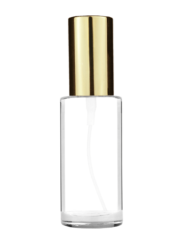 Cylinder design 25 ml 1oz  clear glass bottle  with shiny gold spray pump.