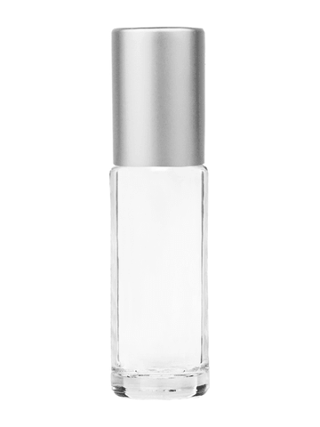 Cylinder design 5ml, 1/6oz Clear glass bottle with metal roller ball plug and matte silver cap.