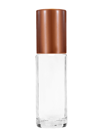 Cylinder design 5ml, 1/6oz Clear glass bottle with plastic roller ball plug and matte copper cap.