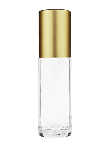 Cylinder design 5ml, 1/6oz Clear glass bottle with plastic roller ball plug and matte gold cap.
