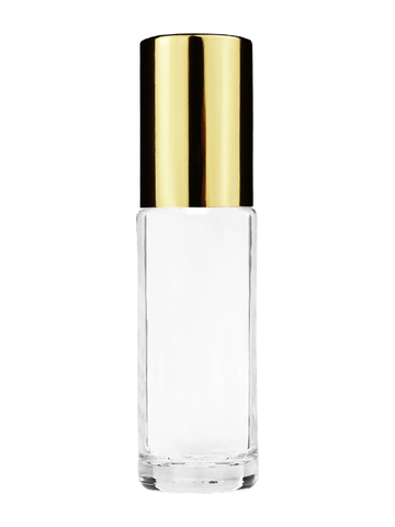 Cylinder design 5ml, 1/6oz Clear glass bottle with plastic roller ball plug and shiny gold cap.