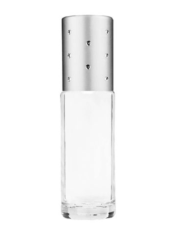 Cylinder design 5ml, 1/6oz Clear glass bottle with plastic roller ball plug and silver cap with dots.