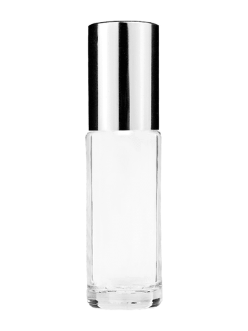 Cylinder design 5ml, 1/6oz Clear glass bottle with plastic roller ball plug and shiny silver cap.