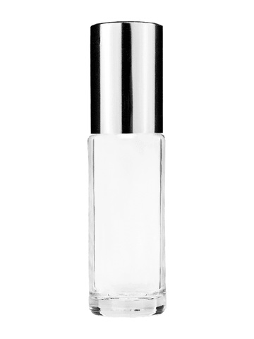 Cylinder design 5ml, 1/6oz Clear glass bottle with shiny silver cap.