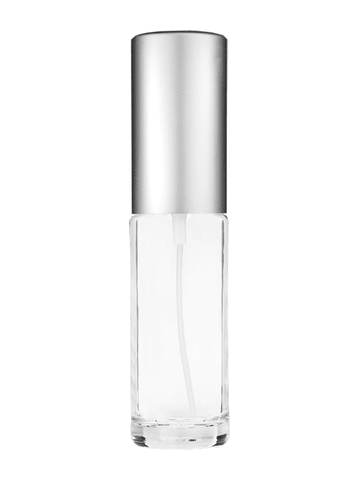 Cylinder design 5ml, 1/6oz Clear glass bottle with matte silver spray.
