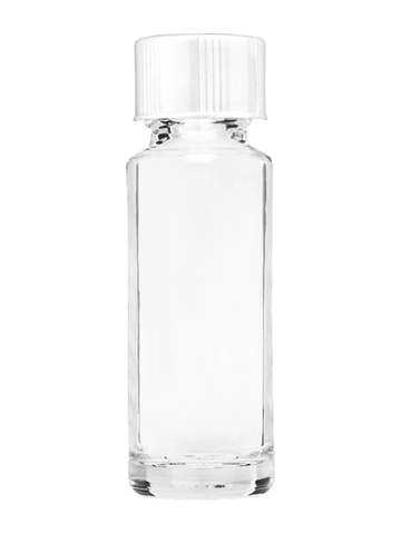 Cylinder design 5ml, 1/6oz Clear glass bottle with short white cap.
