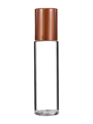 Cylinder design 9ml,1/3 oz clear glass bottle with plastic roller ball plug and matte copper cap.