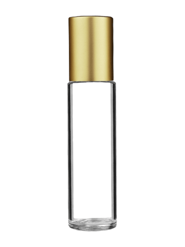 Cylinder design 9ml,1/3 oz clear glass bottle with plastic roller ball plug and matte gold cap.