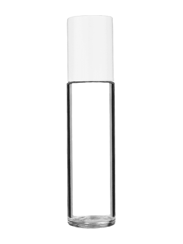 Cylinder design 9ml,1/3 oz clear glass bottle with plastic roller ball plug and white cap.