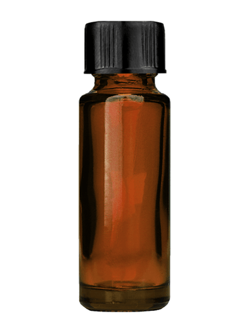 Cylinder design 5ml, 1/6oz Amber glass bottle with short black cap.
