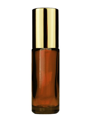 Cylinder design 5ml, 1/6oz Amber glass bottle with metal roller ball plug and shiny gold cap.