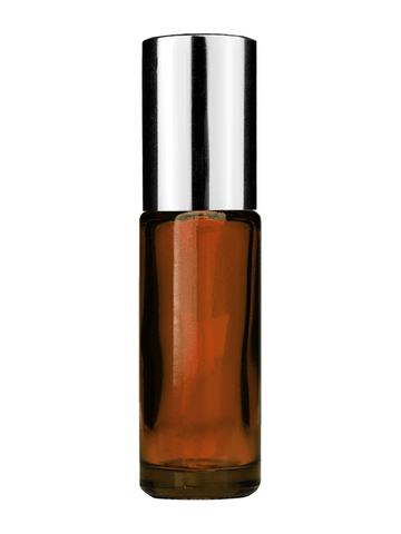 Cylinder design 5ml, 1/6oz Amber glass bottle with metal roller ball plug and shiny silver cap.