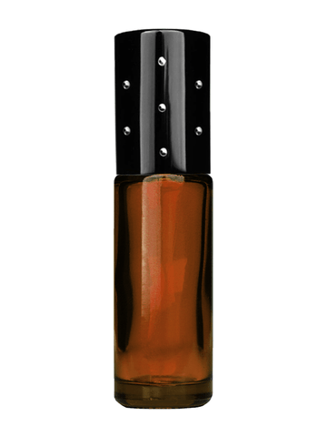 Cylinder design 5ml, 1/6oz Amber glass bottle with plastic roller ball plug and black shiny cap with dots.