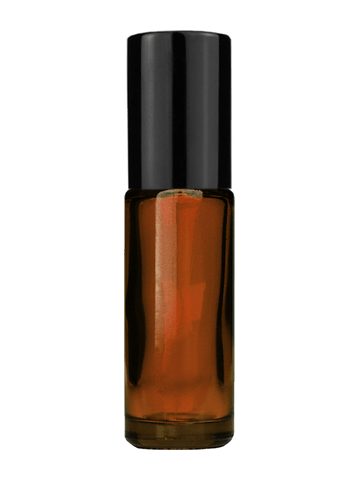 Cylinder design 5ml, 1/6oz Amber glass bottle with roller ball plug and black shiny cap.