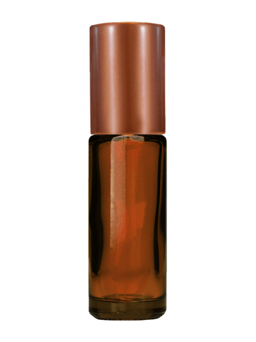 Cylinder design 5ml, 1/6oz Amber glass bottle with plastic roller ball plug and matte copper cap.