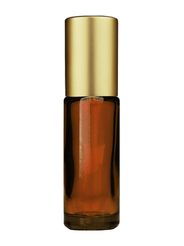 Cylinder design 5ml, 1/6oz Amber glass bottle with plastic roller ball plug and matte gold cap.