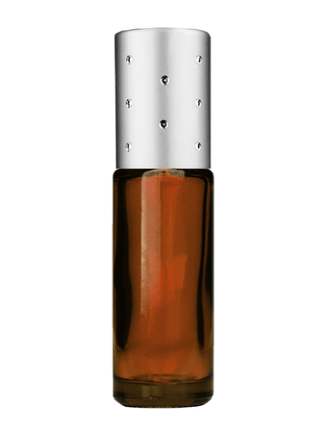 Cylinder design 5ml, 1/6oz Amber glass bottle with plastic roller ball plug and silver cap with dots.