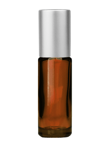 Cylinder design 5ml, 1/6oz Amber glass bottle with plastic roller ball plug and matte silver cap.