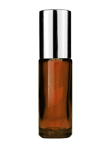 Cylinder design 5ml, 1/6oz Amber glass bottle with plastic roller ball plug and shiny silver cap.