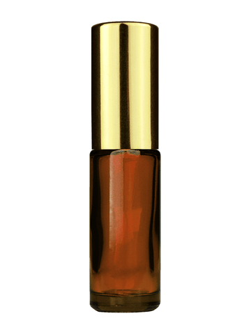 Cylinder design 5ml, 1/6oz Amber glass bottle with shiny gold spray.