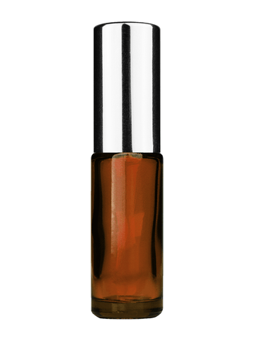 Cylinder design 5ml, 1/6oz Amber glass bottle with shiny silver spray.