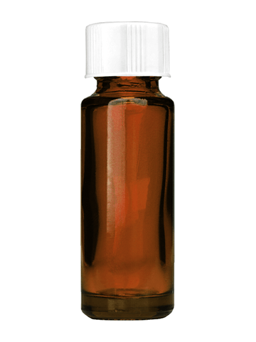 Cylinder design 5ml, 1/6oz Amber glass bottle with short white cap.