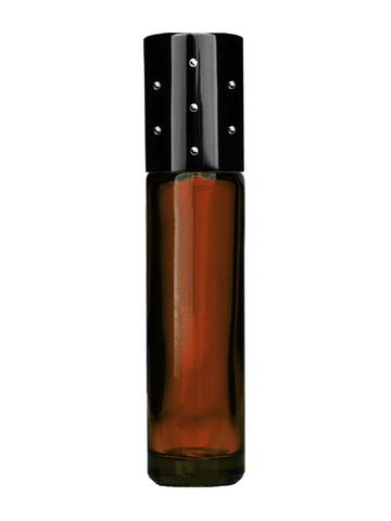 Cylinder design 9ml,1/3 oz amber glass bottle with plastic roller ball plug and black dot cap.