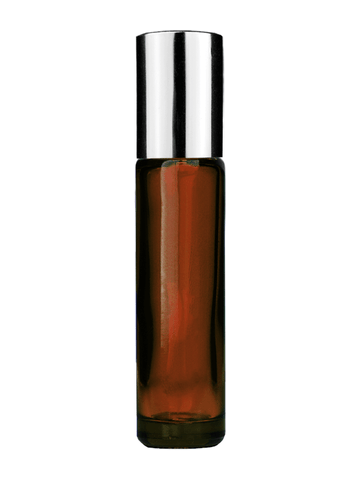 Cylinder design 9ml,1/3 oz amber glass bottle with plastic roller ball plug and shiny silver cap.