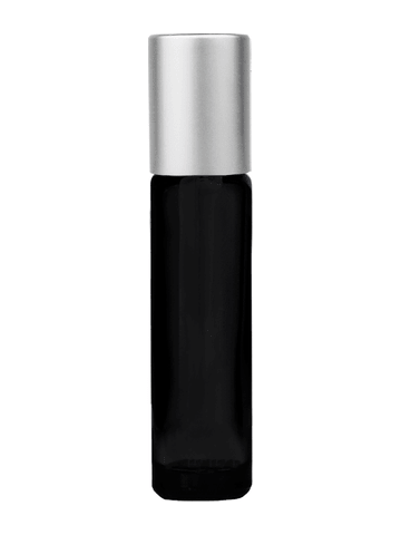 Cylinder design 9ml,1/3 oz black glass bottle with plastic roller ball plug and matte silver cap.