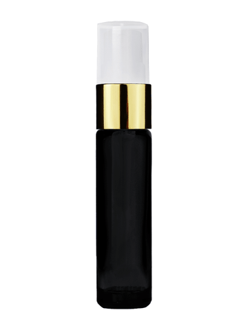 Cylinder design 9ml,1/3 oz black glass bottle with fine mist sprayer with gold trim and plastic overcap.