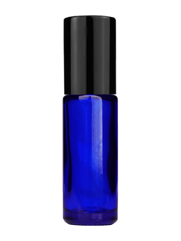 Cylinder design 5ml, 1/6oz Blue glass bottle with plastic roller ball plug and black shiny cap.