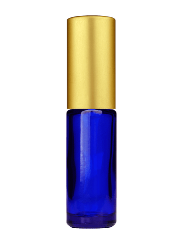 Cylinder design 5ml, 1/6oz Blue glass bottle with matte gold spray.