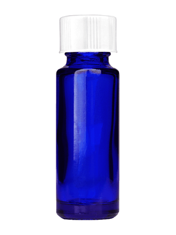 Cylinder design 5ml, 1/6oz Blue glass bottle with short white cap.