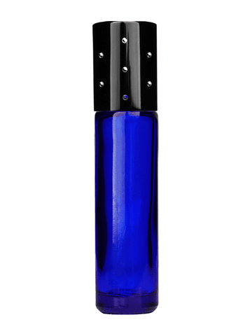 Cylinder design 9ml,1/3 oz Cobalt blue glass bottle with plastic roller ball plug and black dot cap.