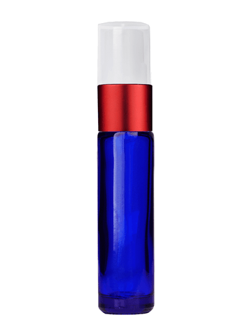 Cylinder design 9ml,1/3 oz Cobalt blue glass bottle with fine mist sprayer with red trim and plastic overcap.