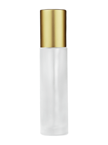 Cylinder design 9ml,1/3 oz frosted glass bottle with metal roller ball plug and matte gold cap.