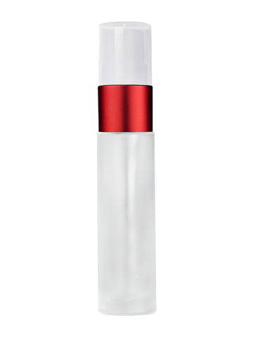 Cylinder design 9ml,1/3 oz frosted glass bottle with fine mist sprayer with red trim and plastic overcap.